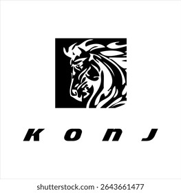Vector logo of horse head silhouette and text KONJ spelling in Bosnian language, elegant speed design.