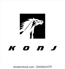 Vector logo of horse head silhouette and text KONJ spelling in Bosnian language, cool speed design.