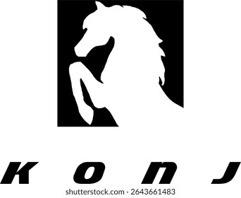 Vector logo of horse head silhouette and text KONJ spelling in Bosnian language, simple speed design.