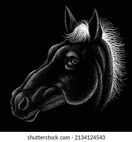 The Vector logo horse for T-shirt print  design or outwear.  Hunting style horse background. This drawing would be nice to make on the black fabric or canvas.