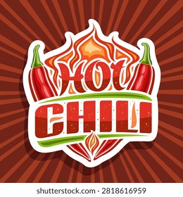 Vector logo for Hot Chili, cut paper tag with outline illustration of pair chili peppers, decorative spicy concept with 2 cartoon design red cayenne peppers and words hot chili on abstract background