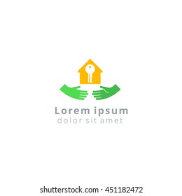 Vector logo house key from hand to hand real estate sale