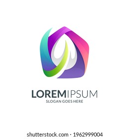 Vector logo of house with leaf shape in multiple gradient color