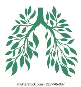 Vector logo human lungs from leaves and branches. Clean natural air. Save the earth and the environment. Silhouette of healthy human organ isolated from background for icon.