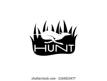 Vector Logo with a Hunting Dog Running in the Bushes. Negative Space Style Logo. Illustration of a Silhouette of a Dog Chasing Prey