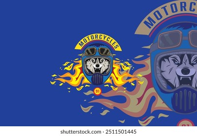 Vector logo of a husky dog head wearing a blue helmet, with flames in the background, motorcycle club theme, light blue backdrop.

