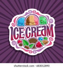 Vector logo for Ice Cream: 3 colorful scoop balls of blue bubble gum ice cream, neapolitan sundae dessert, mint chocolate chip gelato icecream, in sign lettering title - ice cream on purple background