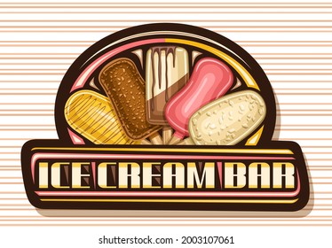 Logo vector para Ice Cream Bar, tablero de anuncios decorativo con la ilustración de cinco diferentes palas de colores, afiche con letras únicas de pincel para las palabras barra de helado en fondo rayado.
