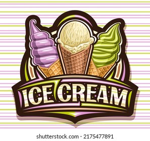 Vector logo for Ice Cream, dark decorative sign board for kids cafe with illustration of triple variety icecreams in waffle cones and unique brush lettering for words ice cream on striped background