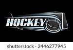 Vector logo for Ice Hockey, decorative horizontal banner with outline illustration of hitting hockey puck, thrown on trajectory in goal on dark background and unique lettering for blue word hockey