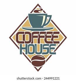Vector logo icon for abstract coffee, blue cup and saucer, roasted coffee bean on background brown rhombus