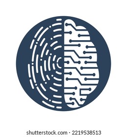 Vector Logo Icon With Brain And Fingerprint. Digital brain plus fingerprint vector template design.