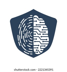 Icono De Logotipo Vector Con Cerebro Y Huella Negra. Diseño de plantillas de vector de huellas digitales y cerebro digital.