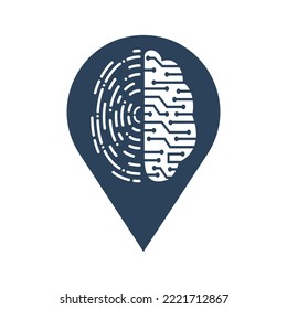 Vector Logo Icon With Brain And Fingerprint. Digital brain plus fingerprint vector template design.