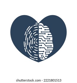 Vector Logo Icon With Brain And Fingerprint. Digital brain plus fingerprint vector template design.