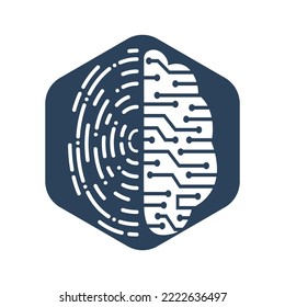 Icono De Logotipo Vector Con Cerebro Y Huella Negra. Diseño de plantillas de vector de huellas digitales y cerebro digital.	