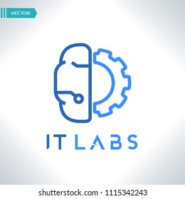 Vector logo icon with brain and gear cog. Abstract outline illustration. Design concept for business solutions, high technology, development, invention and innovation, creativity, scientific themes.