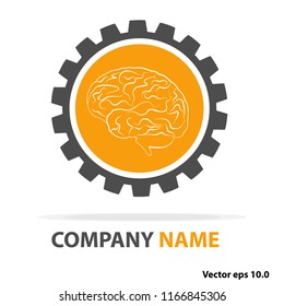 Vector logo icon with brain and gear cog. Abstract outline illustration. Design concept for business solutions, high technology, development, invention and innovation, creativity, scientific themes.