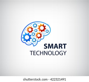 Vector logo icon with brain and gear cogs. Design concept for business solutions, high technology, development, invention and innovation, creativity, scientific themes, planning