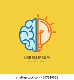 Vector logo icon with brain and light bulb. Abstract flat illustration. Design concept for business solutions, high technology, development, invention and innovation, creativity, scientific themes.