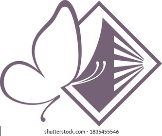 Vector logo icon of butterfly flying towards rays of light