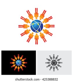 vector logo icon of community of people with a center globe. The graphic also represents people community forming social network