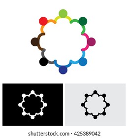 vector logo icon of cute colorful kids playing and having fun. This illustration can also represent office staff or workers, kids playing merry-go-round, etc