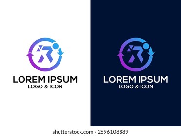 Diseño de icono de logotipo de Vector de la persona que corre inicial R con salpicadura abstracta y flecha