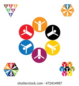 vector logo icon designs of people, children, friendship. this represents concepts like friends together, fun time, physical fitness & exercise, yoga & aerobics, team & teamwork, partnerships