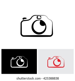 vector logo icon of digital modern camera with flash icon symbol. The graphic shows the photographic equipment in black and white styled like a doodle or hand drawing