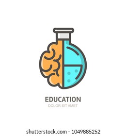 Vector logo icon, emblem with brain and lab flask. Abstract flat linear illustration. Design concept for business development, education, science and creativity.