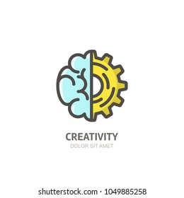 Vector logo icon, emblem with brain and gear cog. Abstract flat linear illustration. Design concept for business startup, development, innovation, creativity.