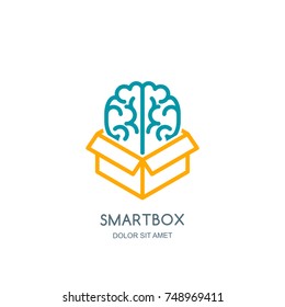 Vector logo icon, emblem with brain in box. Abstract flat linear illustration. Concept for business solutions, development, innovation, creativity.
