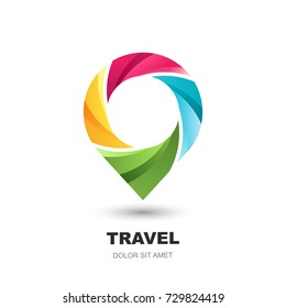 Vector logo icon or emblem design template with pin map symbol. Abstract multicolor waypoint marker. Modern concept for vacation, travel, tour search and tourism business.