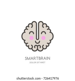 Vector logo icon, emblem with smiling brain. Abstract flat linear character illustration. Design concept for start up, business solutions, development and creativity.