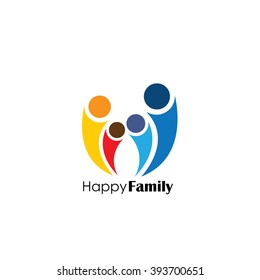 Vector Logo Icon Of Family Of Four People. Also Represents Unity And Integrity, Alliance, Cooperation, United People