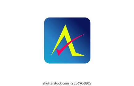 Vector logo icon featuring letter A with red check mark, on gradient blue background. Ideal for digital applications, branding and modern business identity.