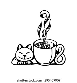 vector logo, icon in the form of a cat and a cup of coffee