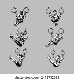The "Vector logo icon of gymnasts on the ring" is a digital graphic design product featuring a stylized representation of gymnasts performing on rings.