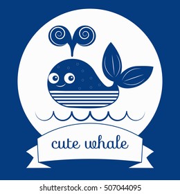 Vector logo icon happy character cartoon blue baby smiling whale. Greeting card, banner, flyer with animal logo. 