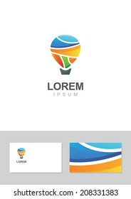 Vector logo, icon with hot air balloon and business card template. Design concept for summer travel, holidays and tourism 