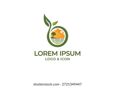 Icono del logotipo del Vector de la isla con los brotes del árbol y de la hoja creciente