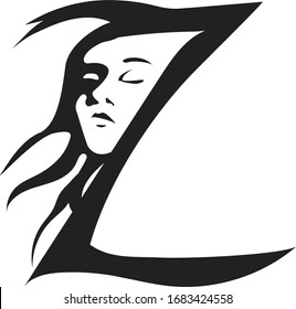 Logo der Vektorillustration, Symbol, Buchstabe Z mit einer Silhouette einer weiblichen Seite, die im Wind flattert, einzeln auf weißem Hintergrund