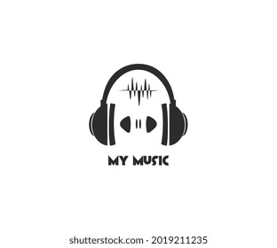 logotipo vectorial o icono, concepto musical, diseño de auriculares y música de reproducción