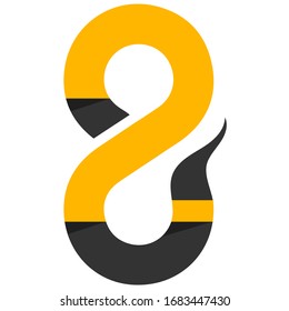 Logo vector, icono, número 28 u 82 en silueta de los números 2 y 8, en colores amarillo y negro, con cola linda, aislada en fondo blanco