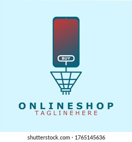 Vector logo or icon of an online shop with smartphone and shopping bag illustrations. ecommerce logo or icon