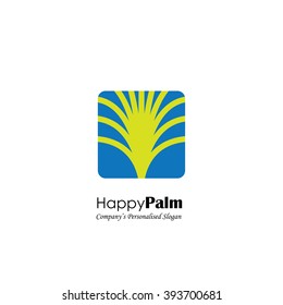 Vector Logo Icon Of Palm Tree On Blue Background. Also Represents Exotic Travel Logo, Tourism Symbol, Resort Logo, Spa Retreat Logo, Etc