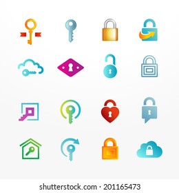 Vector logo icon set based on key and secure lock symbols. Collection of colorful signs.