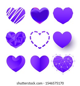 Vector logo icon set of polygonal, flat, paper cut color hearts or sign of love on white background