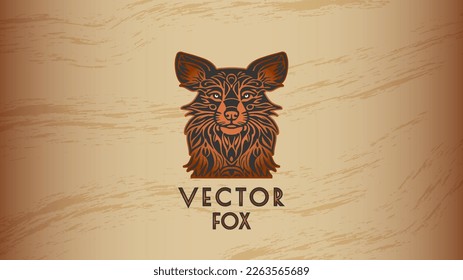 Vector logo or icon, stylistic red fox head in patterns on a brown background. Sticker, badge or emblem.